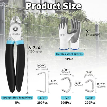 SHALL Hog Ring Pliers Kit with 600pcs Galvanized Hog Rings (3/8’’, 1/2’’, 3/4’’) for Upholstery, Fence, Animal Pet Cages, Bungee Cords, Bagging, Protective Gloves, Storage Case & Bag Included - style: Straight Head