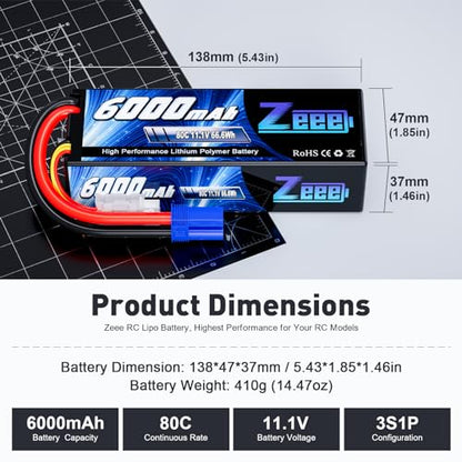 Zeee 3S Lipo Battery 6000mAh 11.1V 80C Hard Case RC Battery with EC5 Plug for RC 1/8 1/10 Scale Vehicles Car Trucks Boats