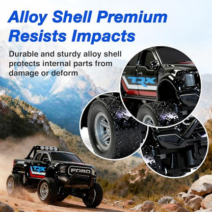 Mini RC Truck, 1/64 Scale Alloy Monster Truck Remote Control Car | 2.4GHz Control, LED Lights, 3-Speed Settings, Cruise Control,Adjustable Steering, Indoor Outdoor Toy for Kids Adults - color: Black