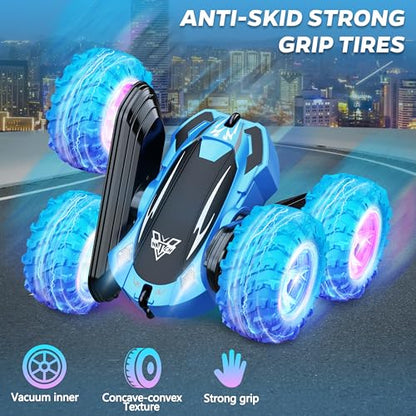 KKONES Remote Control Car, 2.4GHz Double Sided 360° Flips RC Stunt Car | LED Wheels & Headlight 4WD Race Stunt Car, High Speed Off Road Cars Toy Gift for 3 4 5 6 7 8-12 Year Old Boy Toys (Blue) - color: Blue