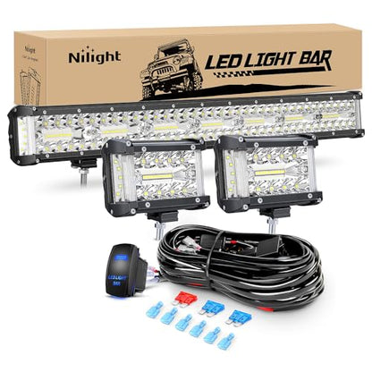 Nilight Side Shooter LED Light Bar Set 1PC 20" 2PCS 4.3" with Wiring Kit | Spot Beam Combo Bar, 16AWG Harness 5Pin Rocker Switch, Fog Driving Work Lighting on Truck Boat Tractor SUV UTV ATV, ZH615 - color: White - 20Inch Side Shooter Light Bar + 2Pcs 4.3I
