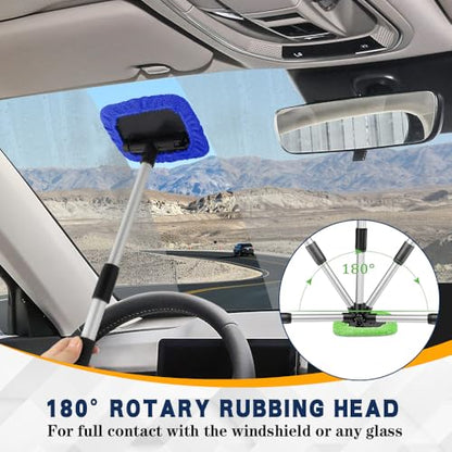 Windshield Cleaning Tool, Car Window Cleaner, Vehicle Window Cleaner with Extendable Handle & 2 Washable Microfiber Pads, Car Interior Glass Wiper Cleaning Kit for Most Vehicles (Blue) - color: Blue