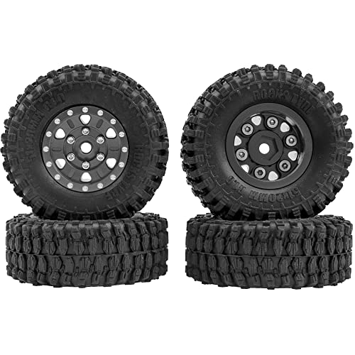 4Pack HIRCQOO 1.0" SCX24 Beadlock Wheels 7mm Hex Wheel Rims & Rubber Crawler Tires Set Compatible with Axial SCX24 1/24 Deadbolt AXI00002 AXI90081 AXI00002V2 RC Crawler Car (Black)