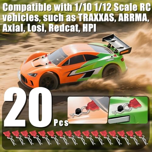RC Body Clips with Pull Tabs, 1.2mm Stainless Steel R Clips Body Pins for 1/10 1/12 RC Cars, Trucks, Crawlers, Buggy & Touring Cars, Compatible with Traxxas Axial Arrma Redcat HPI HSP Himoto, 20-Pack - color: Red