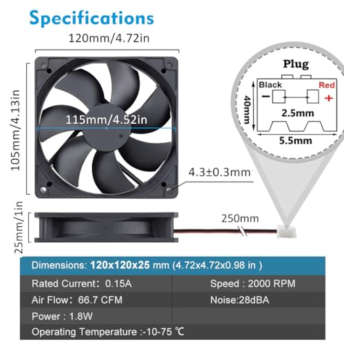 Wathai 120mm x 25mm 12V Computer Case Cooling Fan 12 Volt 2Pin DC Fan 2Pack | High Speed 2000RPM 5 inch 12v Computer Fan for Ice Maker Battery Supply Wine Fridge Replacement AMP Cooling - style: 12V 2Pin 2000RPM