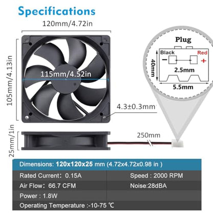 Wathai 120mm x 25mm 12V Computer Case Cooling Fan 12 Volt 2Pin DC Fan 2Pack | High Speed 2000RPM 5 inch 12v Computer Fan for Ice Maker Battery Supply Wine Fridge Replacement AMP Cooling - style: 12V 2Pin 2000RPM