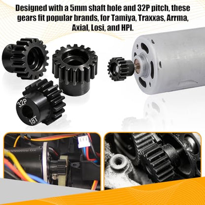 32P 18T RC Car Gear Set | 45# Steel Black Oxide | 5mm Bore +0.03mm | Precision Engineered Motor Pinion Gear Compatible with Traxxas/ARRMA/HPI/Kyosho (3-Pack with M4 Set Screws) - style: 3Pcs 18T