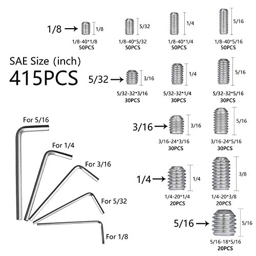 1000pcs Metric + SAE Set Screw Assortment Kit, Internal Hex Drive Cup-Point Allen Screws Set 304 Stainless Steel Grub Screw (M3-M8, 1/8""-40 to 5/16""-18) - color: Silver Set Screws 1000PCS