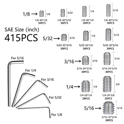 1000pcs Metric + SAE Set Screw Assortment Kit, Internal Hex Drive Cup-Point Allen Screws Set 304 Stainless Steel Grub Screw (M3-M8, 1/8""-40 to 5/16""-18) - color: Silver Set Screws 1000PCS