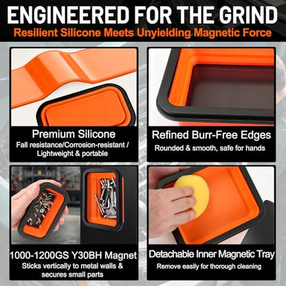 Collapsible Magnetic Parts Tray Set (2-Pack, S&M) - 1000-1200GS Strong Magnet, Silicone Foldable Tray for Screws, Bolts, Nuts, Washers - Ideal for Mechanics & Auto Repair (Orange)