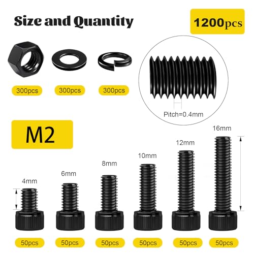 1198pcs M2 Hex Socket Head Screws, Nuts and Washers Assortment Kit | M2*4/6/8/10/12/16 mm, Hex Socket Head Cap Bolts,Nuts&Washers Assorted Set,12.9 Grade Black Zinc Plated for 3D Printer - size: M2 1200pcs