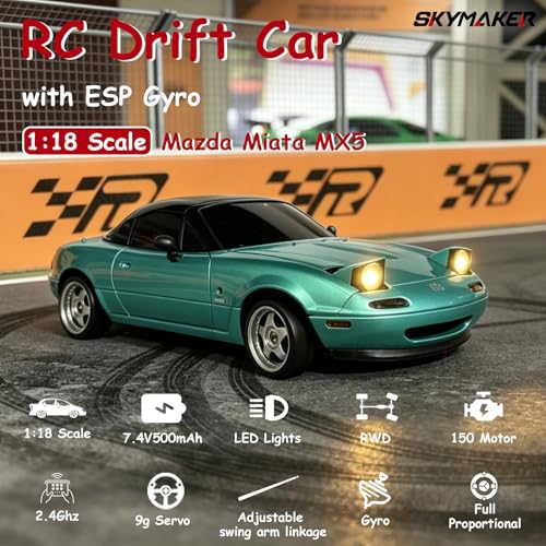 Miata RC Drift Car LDRC LD1804 1/18 RWD with 3 Batteries (Blue) | 2.4GHz LDRC 1804 RWD Drifting Adults with ESP Gyro Pop-up Light (Blue) - color: Miata Blue With 3 Batteries