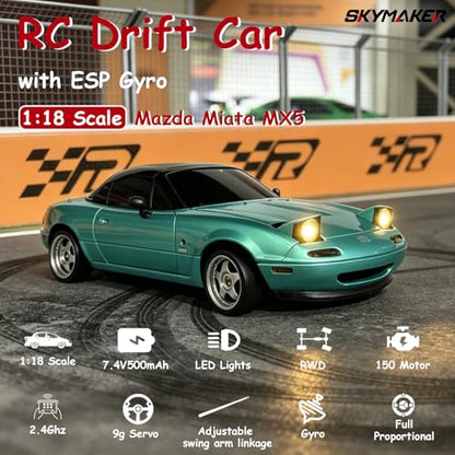 Miata RC Drift Car LDRC LD1804 1/18 RWD with 3 Batteries (Blue) | 2.4GHz LDRC 1804 RWD Drifting Adults with ESP Gyro Pop-up Light (Blue) - color: Miata Blue With 3 Batteries