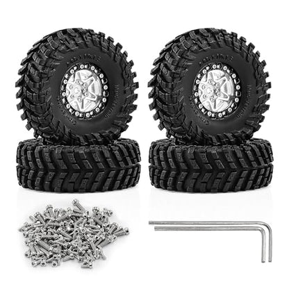 1.3" Pre-Assembled Beadlock Wheels and Tires 72mm (2.83in) for SCX24 TRX4M 1/18 1/24 RC Crawlers – Aluminum Rims, Rubber Tires with Foam Inserts, Easy-Install Upgrade Parts (Silver) - color: Silver 312