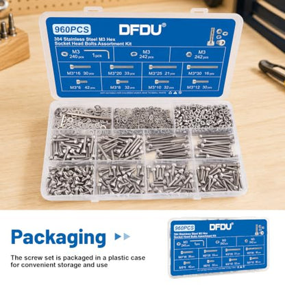 960PCS M3 Hex Socket Head Cap Screw Assortment Kit 304 Stainless Steel | Metric Machine Bolts and Nuts, Flat & Spring Washers, M3 x 6/8/10/12/16/20/25/30mm for 3D Printer, RC Car, Drones, DIY Repair - size: SS M3 960PCS