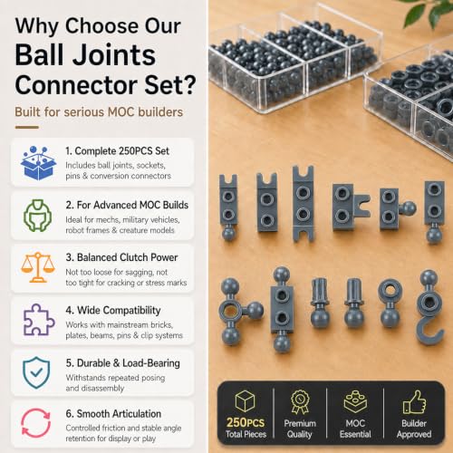 Connector Ball Joints Socket Plate - 250pcs Bricks Bulk Parts and Pieces, 1x1 1x2 Tow Ball and Ball Socket Building Block Dark Gray - color: Dark Gray