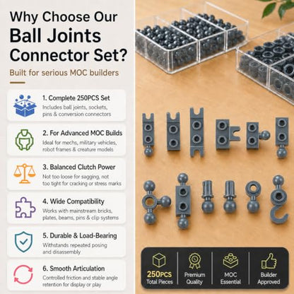 Connector Ball Joints Socket Plate - 250pcs Bricks Bulk Parts and Pieces, 1x1 1x2 Tow Ball and Ball Socket Building Block Dark Gray - color: Dark Gray