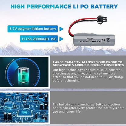 2PCS 3.7V 2000mAh Lipo Battery with USB Charging Cable SM-2P Plug for DE44 DE45 DE68 RC Cars, Remote Drift Vehicles, Trucks, Off-Road Vehicles, High-Speed Climbing Racing
