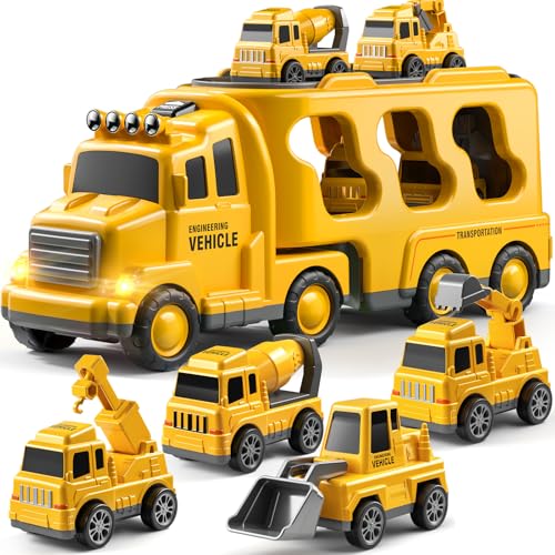 JUKUDAHU Construction Trucks for Kids 3-5 Years Old - Transport Vehicle | 1 Carrier Trucks for Kids with 4 Car Toy, Kids Excavator Crane, Sound and Light, 3+ Year Old Boy Gifts Birthday Toy - style: 5 IN 1 Construction Truck