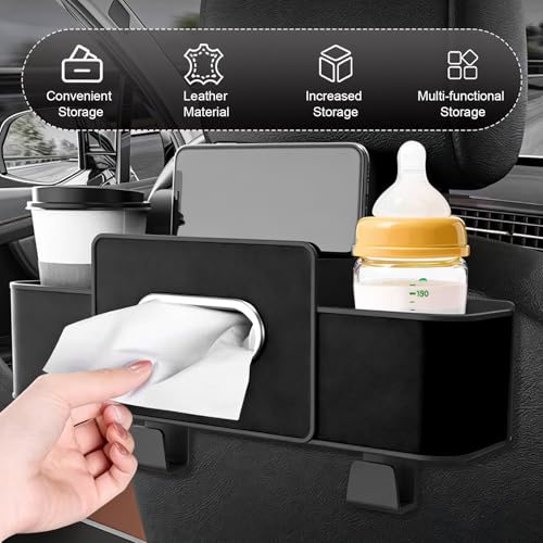 4-in-1 Back Seat Car Organizer, Multifunctional Hanging Back Seat Storage Box, Partition Design with Phone Holder Tissue Box Cup Holders Hooks, Universal for Most Cars SUVs Trucks (Black) - color: Black