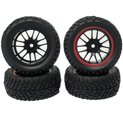 4PCS 75mm Rubber Tyres Tires with Foam Inserts and Plastic Wheel Rims 12mm Hex for 1/10 On-Road RC Drift Touring Car 1/14 1/16 1/18 Rally Car(Black/Red) - color: Black/Red