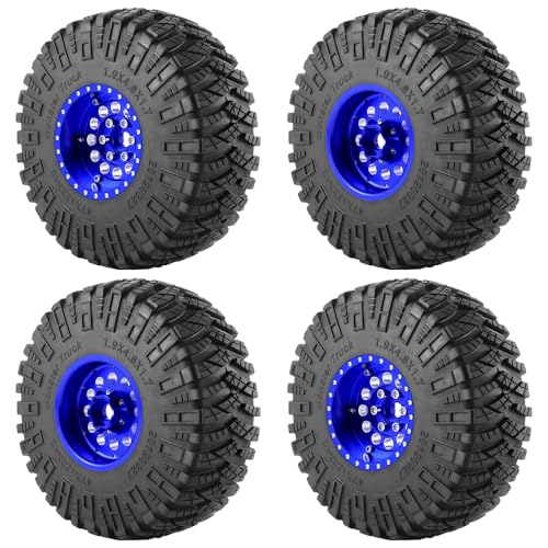 4PCS/Set 1.9" Aluminium Beadlock Wheel Tire Set with Foam Insert for 1/10th AXIAL SCX10 TRX4 Gen8 SCX10-II AXI90046,SCX10-III,D90 RC Crawler Truck Car Upgrade (Blue) - color: Blue