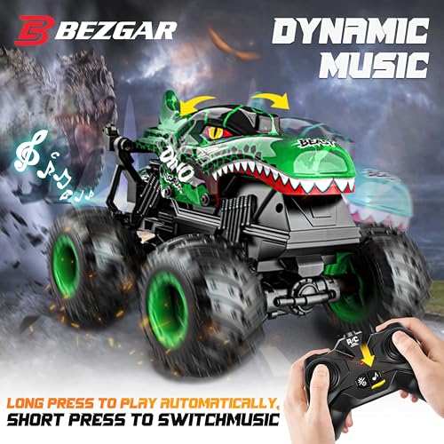 BEZGAR Monster Truck Toys，1:20 Remote Control Car with Light & Music | Green Dinosaur Toys for Kids,RC Truck with 360° Spins and Drifting, Toy Car Gifts for Boys, Battery Life of 20 Minutes - color: Green