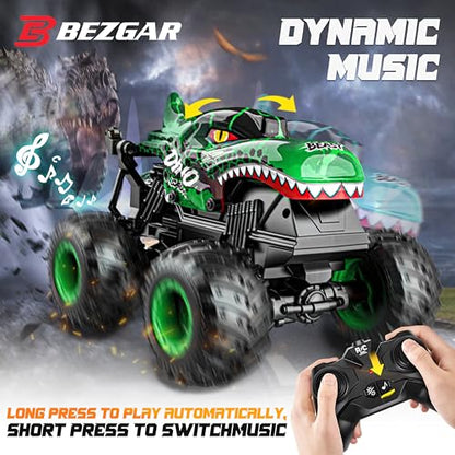 BEZGAR Monster Truck Toys，1:20 Remote Control Car with Light & Music | Green Dinosaur Toys for Kids,RC Truck with 360° Spins and Drifting, Toy Car Gifts for Boys, Battery Life of 20 Minutes - color: Green