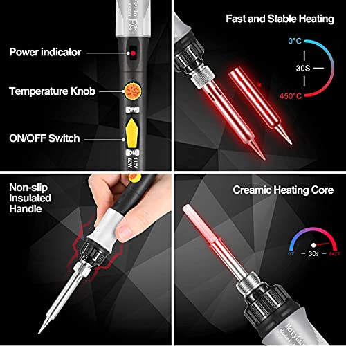 60W Adjustable Temperature Soldering Iron Kit, 8-in-1 Solder Kit Electronics with ON/Off Switch, 5 Soldering Tips, Solder Wire, Stand, Welding Tool for Soldering and Repair
