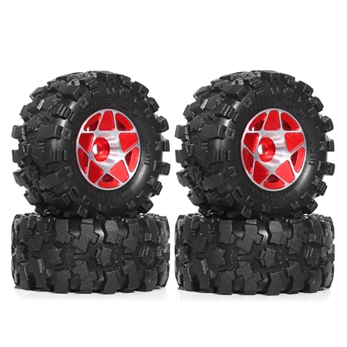REDSPIDER 1.0 Beadlock Wheels and Tires Set（4pcs） 1.0 Crawler Tires 57 * 25mm Aluminum Alloy 1.0 Wheel 1/18 1/24 RC Crawler Tires for SCX24 TRX4M FMS FCX24 FCX18 AX24 (Red) - color: Red