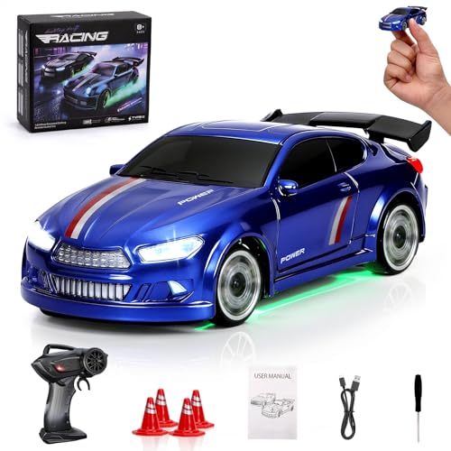 Mini RC Drift Car 1/64, Micro Remote Control Car with Led Lighting | 2.4ghz stunt pocket desktop drift cars with 4 obstacles & joystick control, adjustable dual speed modes - color: 1 Pc Blue
