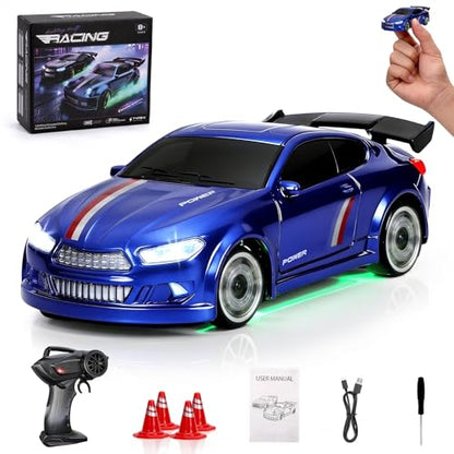 Mini RC Drift Car 1/64, Micro Remote Control Car with Led Lighting | 2.4ghz stunt pocket desktop drift cars with 4 obstacles & joystick control, adjustable dual speed modes - color: 1 Pc Blue