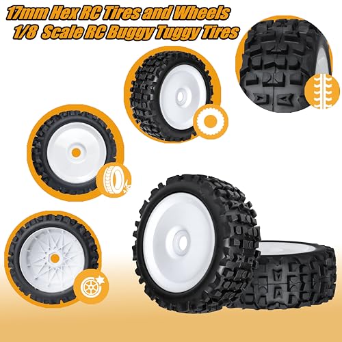 17mm Hex RC Wheels and Tires 1/8 Scale RC Buggy Truggy Tires Wheels for Arrma Typhon 6S 3S Losi 8IGHT X/E 2.0 XT/XTE Tires and Wheels Preglue 4PCS - color: White