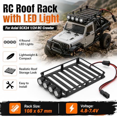 RC Metal Roof Rack Luggage Carrier for Axial SCX24 1/24 RC crawle rwith Four White LED Lights 4.3 x 2.6in for Enthusiasts Scale Model Hobbyists - size: Round Lamp