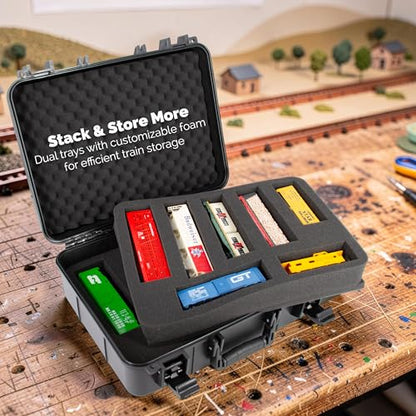 CASEMATIX HO Train Storage Box – Hard Shell Model Train Case with Dual-Layer Pluck Foam, Custom Model Train Storage for Locomotives, Cars & Accessories