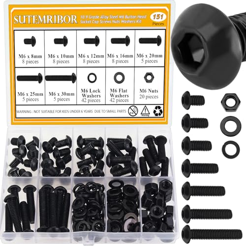 151 Pieces M6 Screws Nuts Washers Set Black, Sutemribor M6 x 8/10/12/16/20/25/30mm Button Head Socket Cap Screws Nuts Washers Assortment Kit, 10.9 Grade Alloy Steel, Fully Threaded - size: M6, style: Button Head Socket Cap