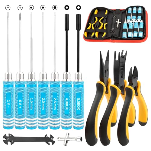 12 Pieces RC Car Repair Tool Kit with Hex Phillips Flat Screwdrivers, Pliers, Spanners, Wrenches–Hobby Tool Set Compatible with RC Car Drone Helicopter Airplane Boat Multirotor Models(Blue) - color: Blue