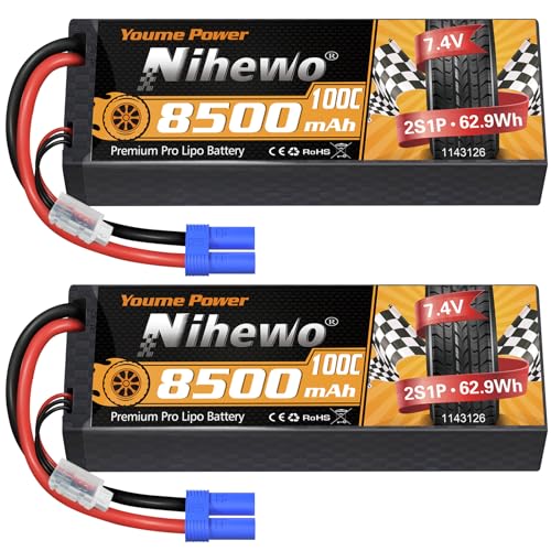 2S Lipo Battery 8500mAh 7.4V 100C Hardcase EC5 2Pcs for RC Car Truck | 2S Lipo Battery EC5 7.4V 8500mAh 100C for 1/8 1/10 RC Car Truck Buggy Boat Drone Model Durable Hardcase protection - style: 2x 7.4V 8500mAh