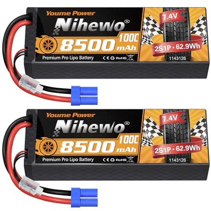 2S Lipo Battery 8500mAh 7.4V 100C Hardcase EC5 2Pcs for RC Car Truck | 2S Lipo Battery EC5 7.4V 8500mAh 100C for 1/8 1/10 RC Car Truck Buggy Boat Drone Model Durable Hardcase protection - style: 2x 7.4V 8500mAh