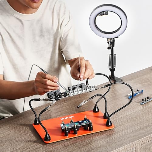 VEVOR Magnetic Helping Hands Soldering Station, 2-In-1 Third Hand Soldering Tool - 3X LED Magnifying Lamp & 5 Flexible Arms, 6 PCB Holders, Heavy-Duty Base Station for Electronic Repair Craft Hobby - style: 11*7in Large Base with Light and Holders