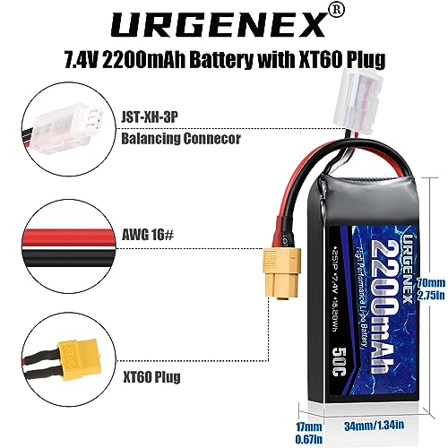 2S Lipo Battery 2200mAh 7.4V RC Battery with XT60 Plug 50C(Burst 80C) High Discharge Rate with Charger Fit for RC Car Truggy Airplane FPV Drone UAV Quadcopter Helicopter Racing Model