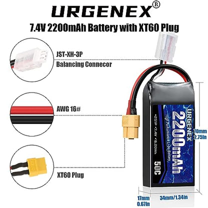 2S Lipo Battery 2200mAh 7.4V RC Battery with XT60 Plug 50C(Burst 80C) High Discharge Rate with Charger Fit for RC Car Truggy Airplane FPV Drone UAV Quadcopter Helicopter Racing Model