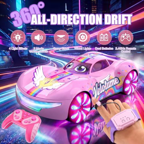 Gesture Sensing RC Stunt Car, 2.4GHz 4WD Remote Control Car for Girls 4-12 | 50 Min Play Dual Batteries, Mist Spray, LED Light Wheels & 360° Spin, Hobby Toy Birthday Gift for Kids Girls Ages 6 7 8, Pink - color: 2-pink