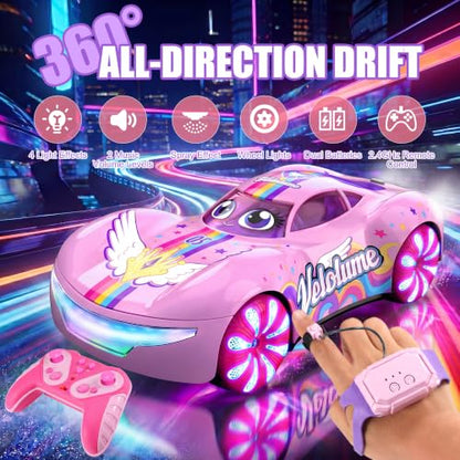 Gesture Sensing RC Stunt Car, 2.4GHz 4WD Remote Control Car for Girls 4-12 | 50 Min Play Dual Batteries, Mist Spray, LED Light Wheels & 360° Spin, Hobby Toy Birthday Gift for Kids Girls Ages 6 7 8, Pink - color: 2-pink