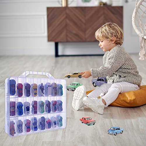 Double Sided Toy Car & Doll Storage Case - 48 Compartments, Portable Transparent Case - color: Transparent-48