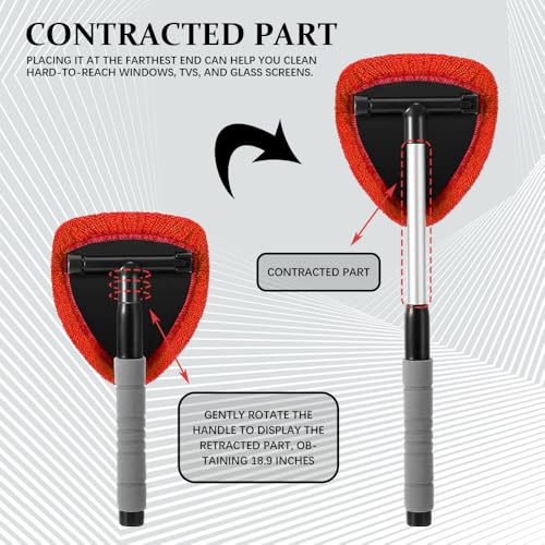 19" Extra-Long Windshield Cleaner Tool & Car Interior Detailing Kit | Extendable Handle and 4 Reusable Microfiber Pads, Streak & Lint-free, Auto Glass Wiper Brush for Car & Home - color: Red