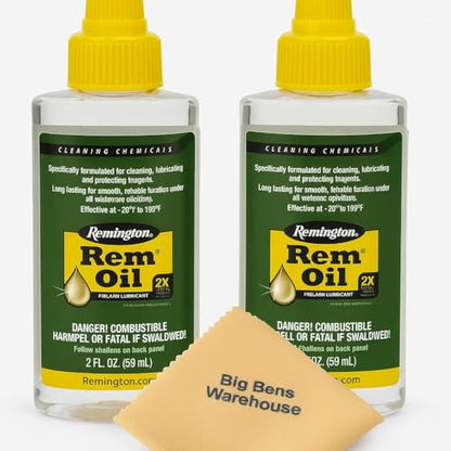 2 Pack Rem Oil Bottle (2-Ounce) Green rem Oil with Big Bens Warehouse' Cloth