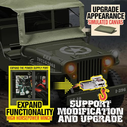 1/10 Scale RC Military SUV, Remote Control 4WD Off-Road Vehicle with Alloy Frame Chassis, with Winch and Capstan, Army Vehicle with Opening Hood and Folding Windshield, 2 Batteries, - color: Rc Car + Winch + Tarpaulin+2 Battery