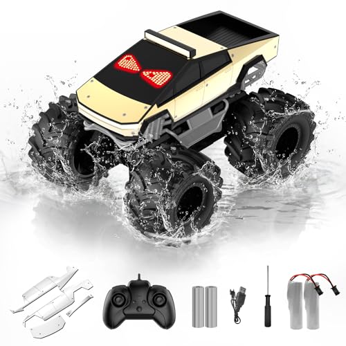 Amphibious Monster Truck with LED Eyes, 1:18 Rechargeable Remote Control Car, 2.4 GHz Waterproof RC Cars Toy Truck, 4WD All Terrain Off-Road Pickup, Toys for 6+ Year Old Kids Christmas Birthday Gifts - color: Light Gold