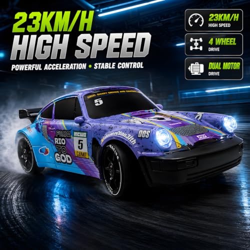 HTURCCOP 1:24 RC Drift 2.4GHz with LED Light Race Car Toys for Boys and Girls Aged 6+ Speed Adjustable up to 23Km/H, High-Speed RC Racing Cars Toy Gift for Boys & Girls(Blue/Purple) - color: Blue/Purple